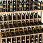 Wine bottle display rack close-up of bottles in light wood grid shelves