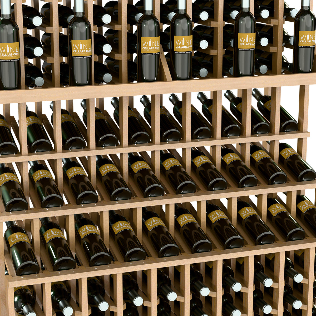 Wine bottle display rack close-up of bottles in light wood grid shelves