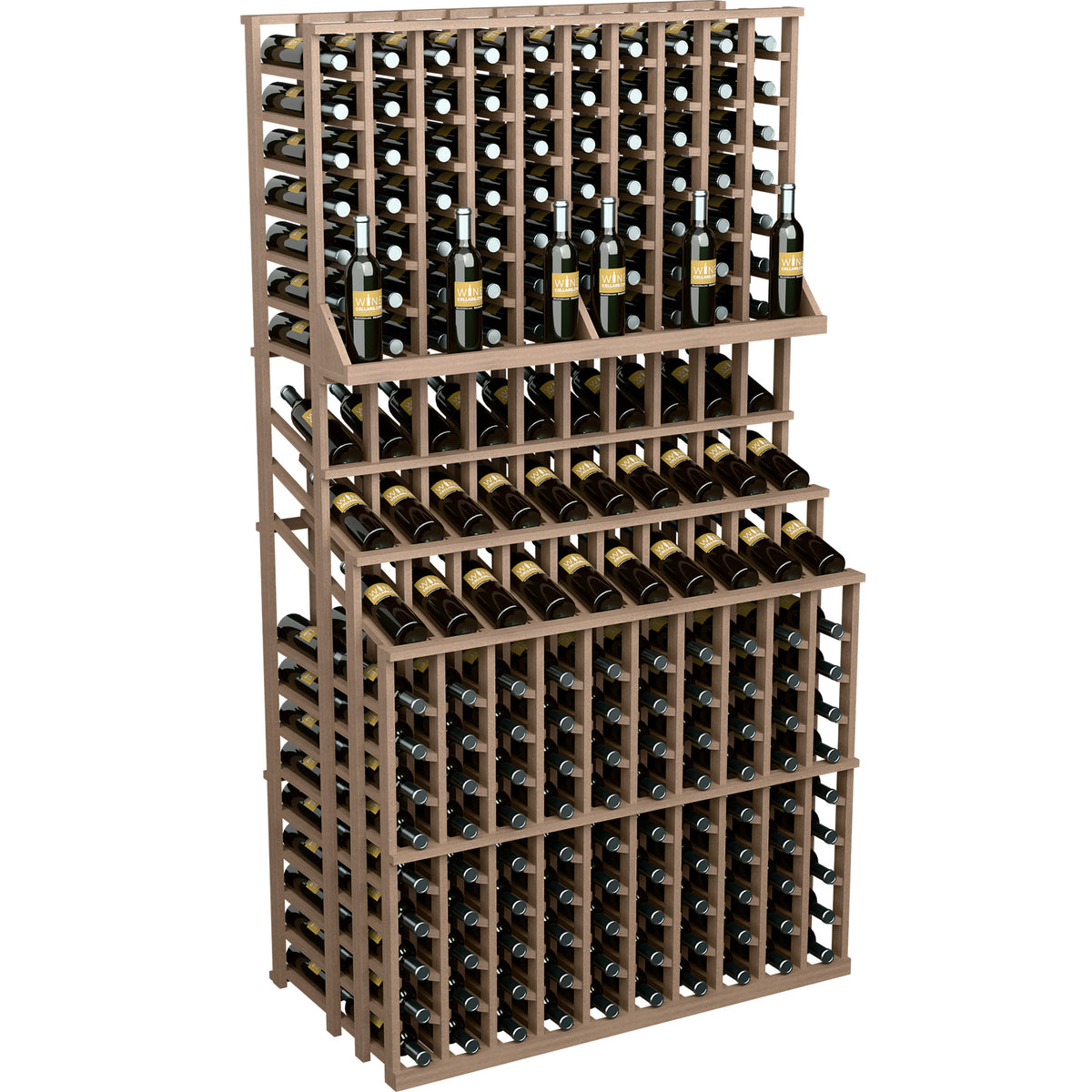 Triple-tier wine bottle display with open crisscross shelves, dark brown stained wood frame