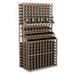 Triple-tier wine bottle rack with double deep base, natural wood frame, side view of bottle shelves
