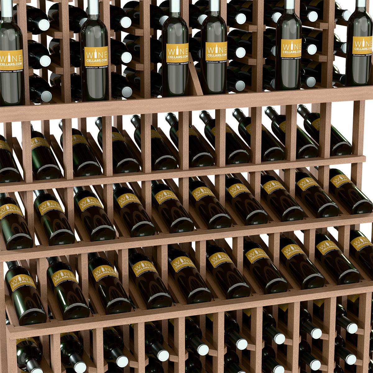 Triple-tier wine bottle display rack with double-deep base; light wood frame with multiple bottle tiers