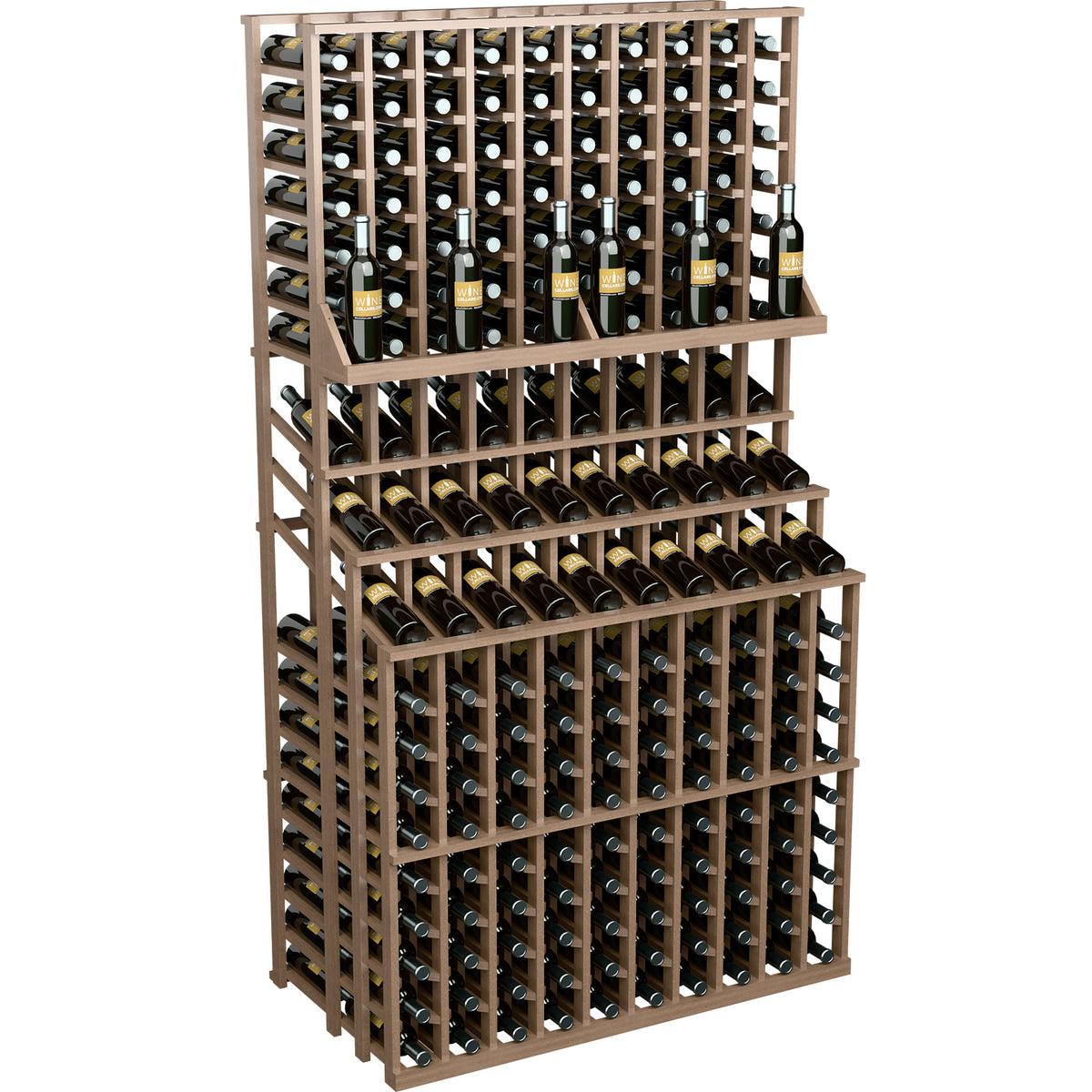 Wine bottle display rack with 3 tiers and light wood frame, bottles on tiered shelves