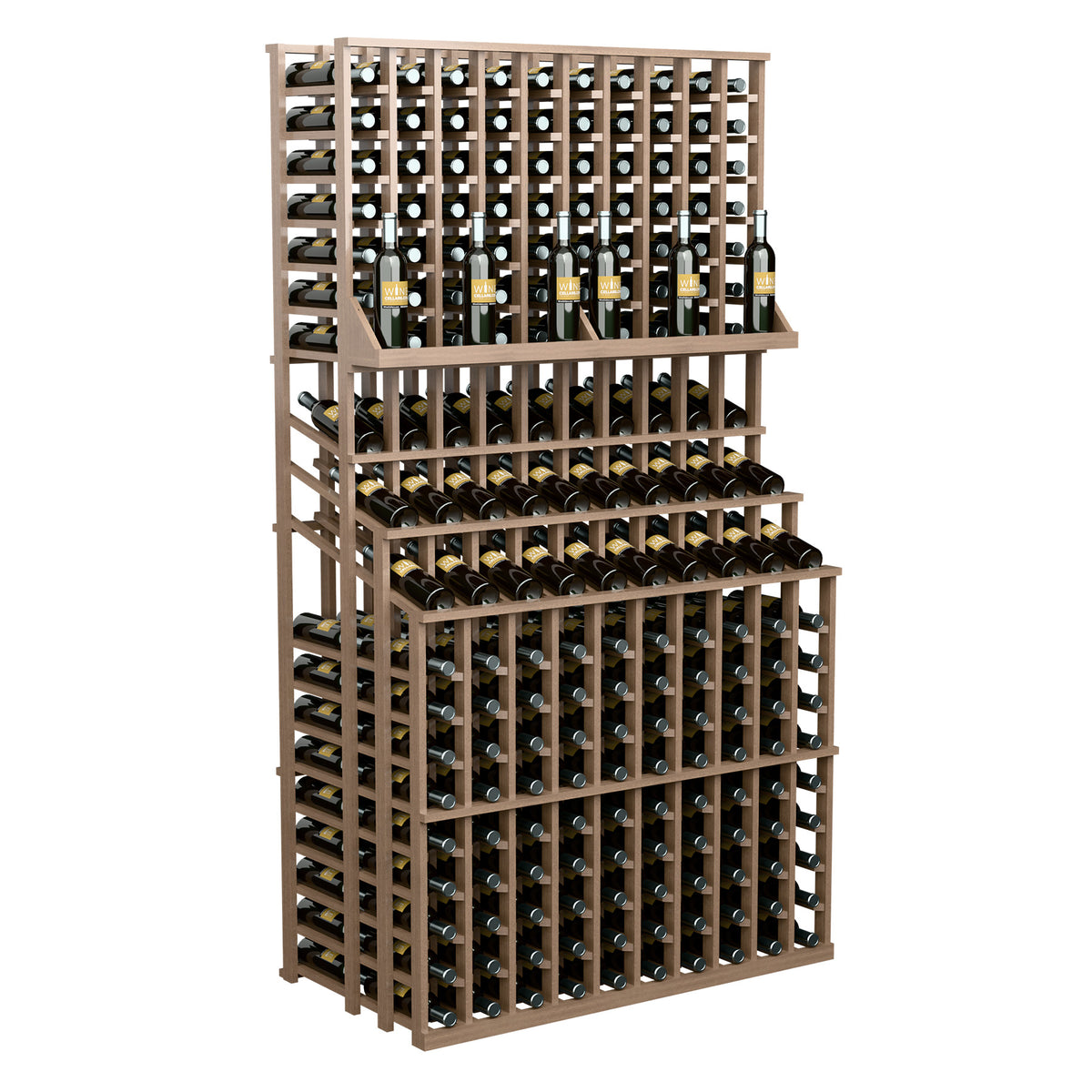 Triple-tier wine bottle rack with double-deep base, dark stained wood frame and bottles