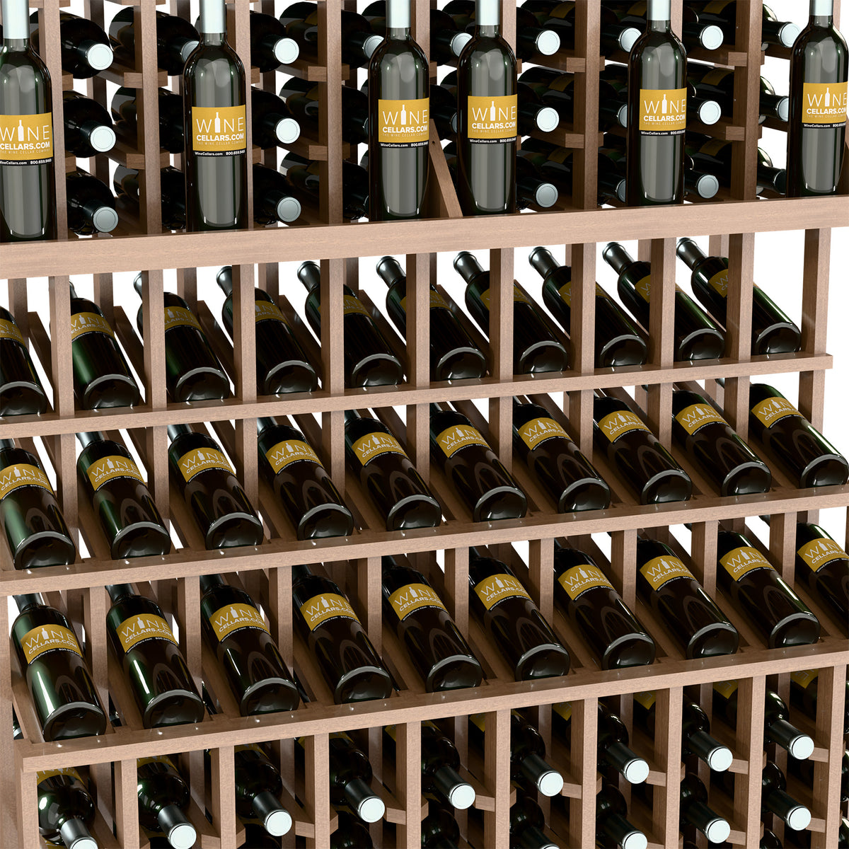 Close-up of wine bottle rack shelves with dark bottles in a wooden crisscross frame