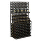 Triple-tier wine bottle rack with double-deep base, dark stained wood and front bottles