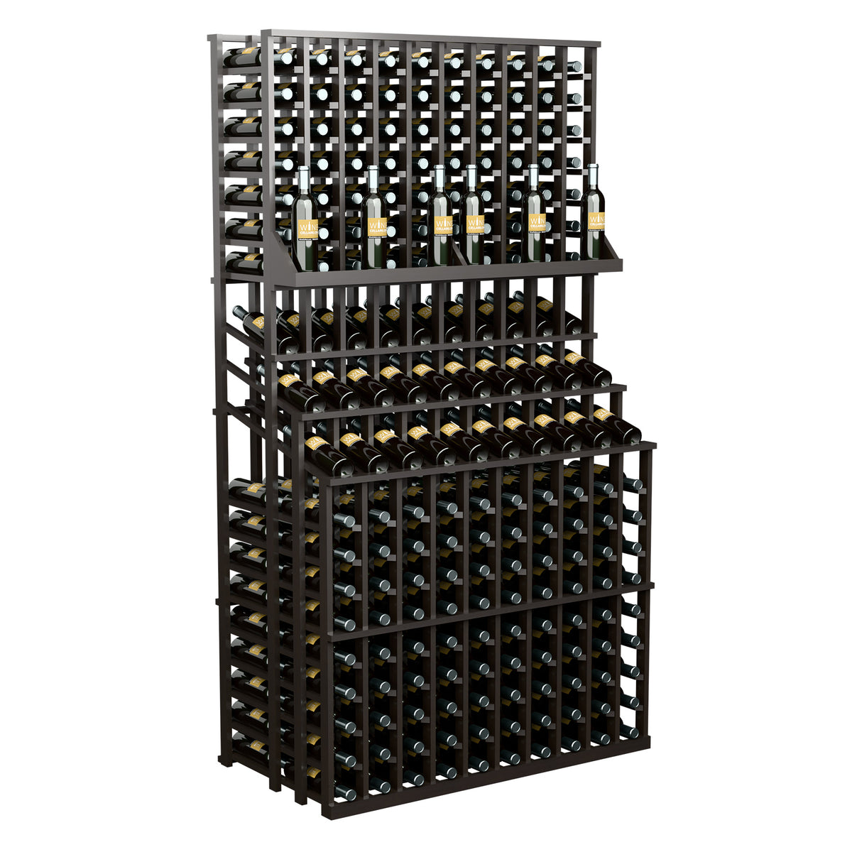 Triple-tier wine bottle rack with double-deep base, dark stained wood and front bottles