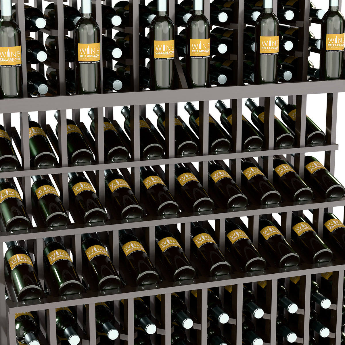 Close-up view of wine bottle slots in a dark-toned wooden wine rack frame