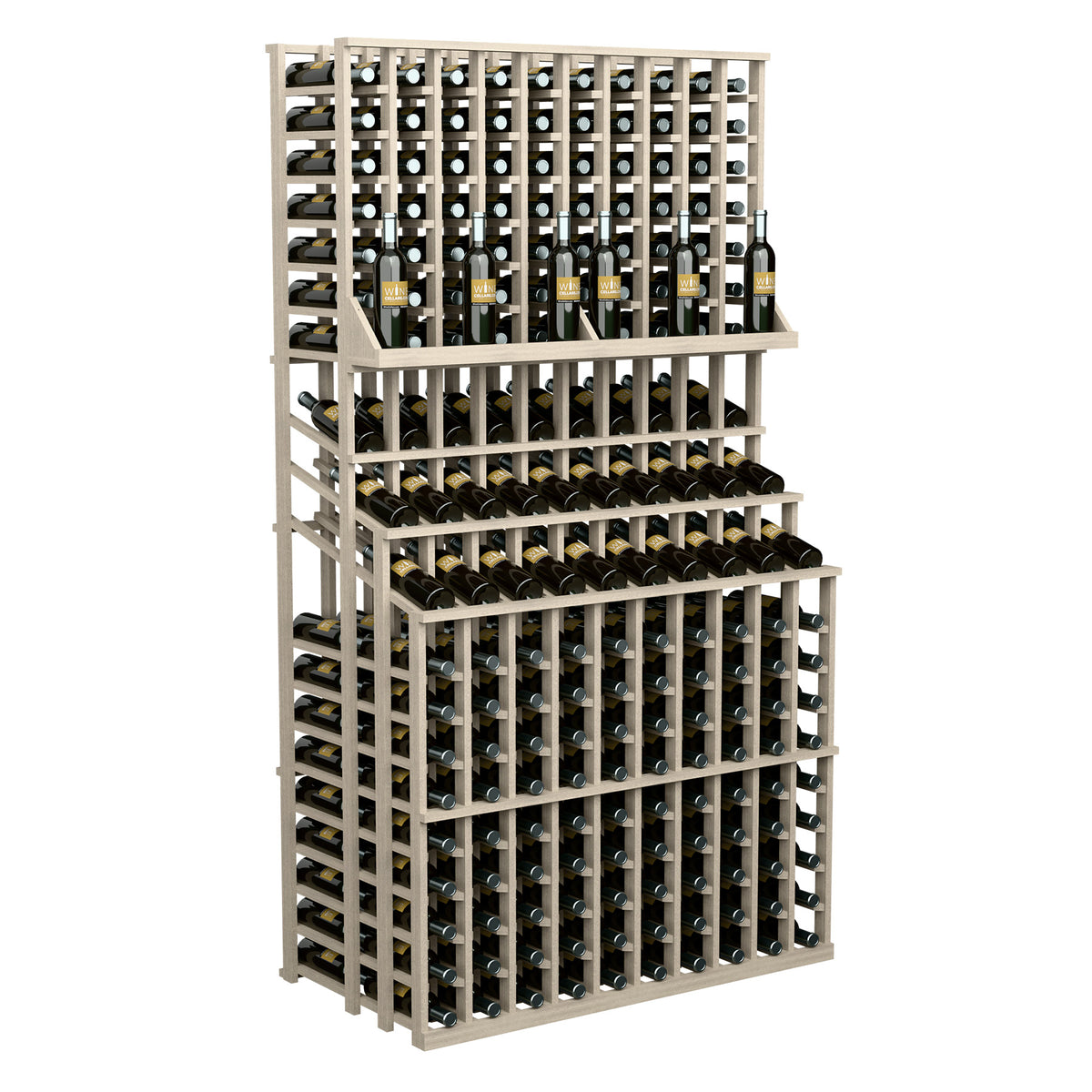 Triple-tier wine bottle display rack with double deep base, whitewashed frame and bottle storage.