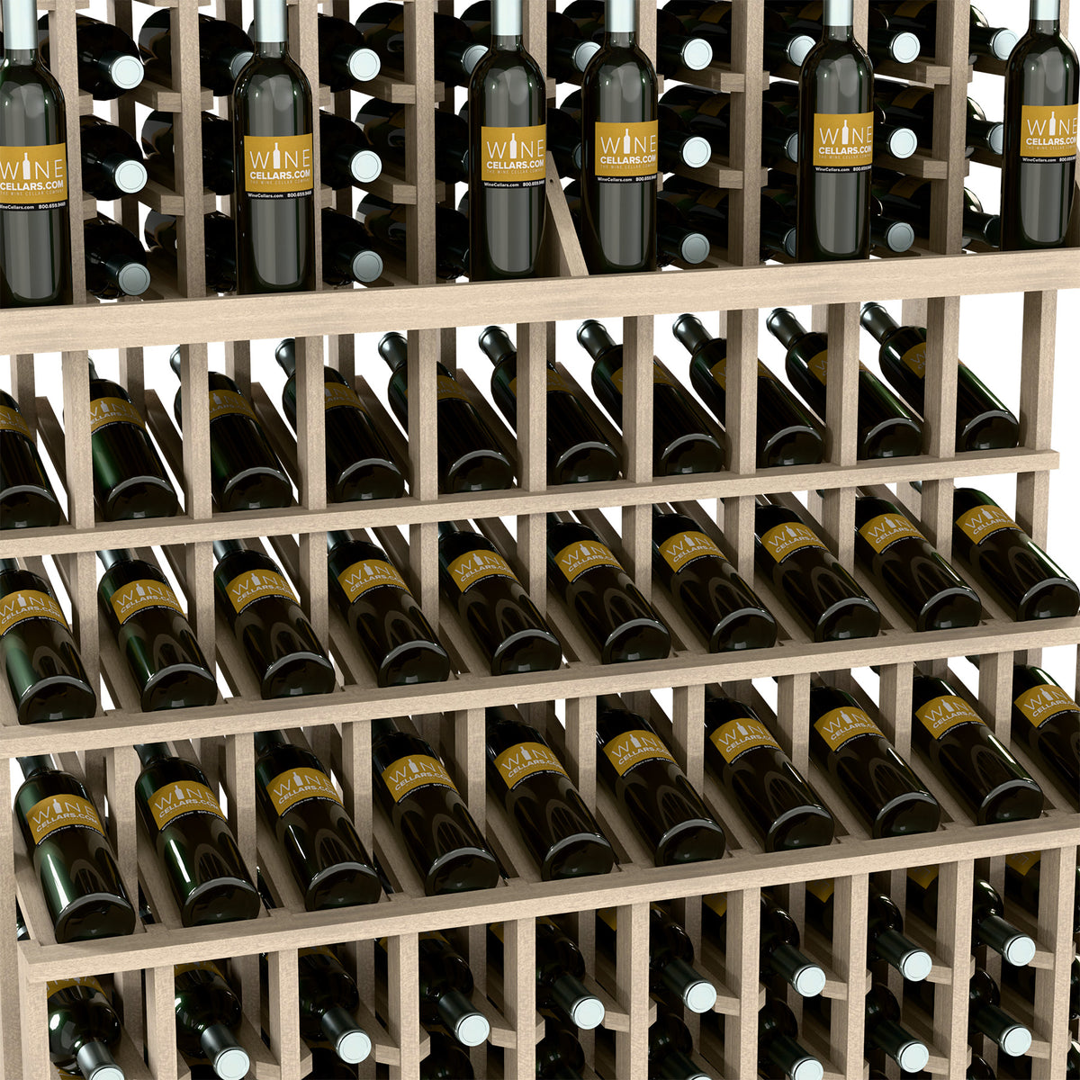 Triple-tier wine bottle display with light wood rails and filled bottle rows