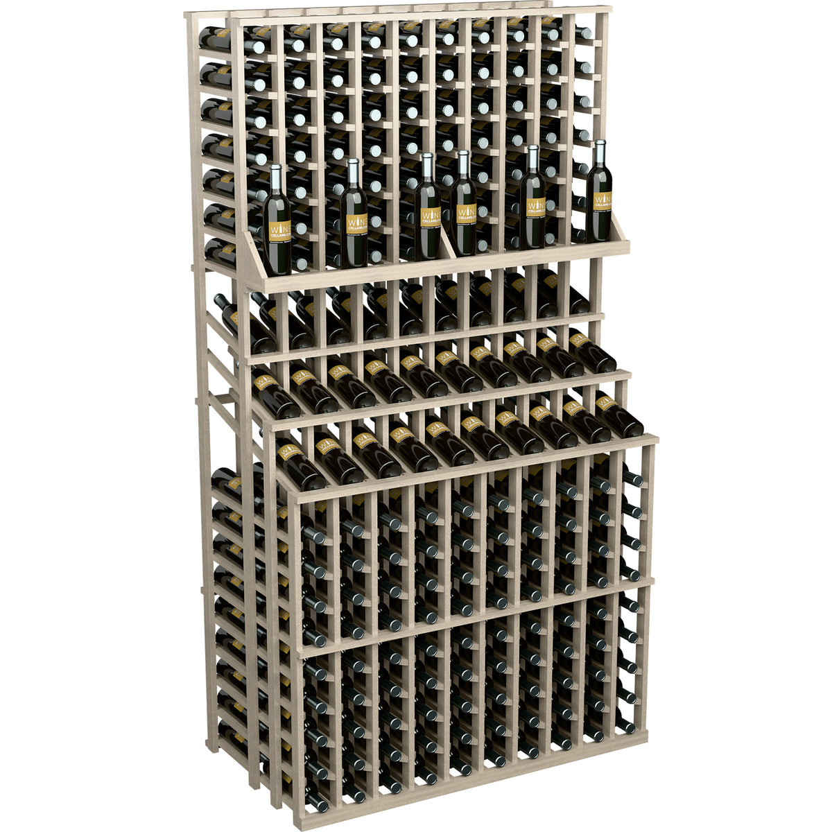 Triple-tier wine bottle rack with double-deep base, light stained frame and bottle rows