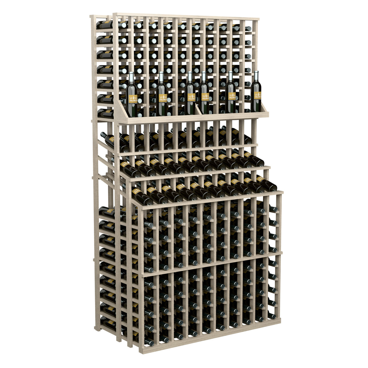 Triple-tier wine bottle storage rack with double-deep base, light wood frame and bottles
