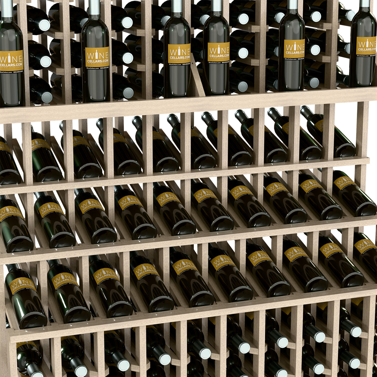Close-up of wine bottles arranged in three tiers on a light wood rack frame