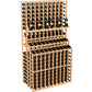 Triple-tier wine bottle rack standing unit with light wood frame, bottles in each level