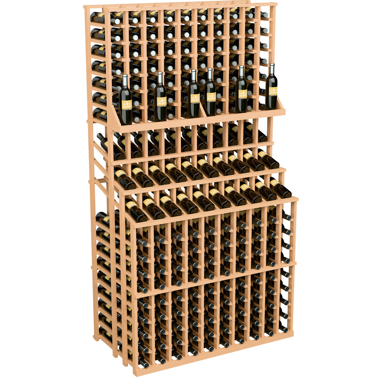 Triple-tier wine bottle rack standing unit with light wood frame, bottles in each level