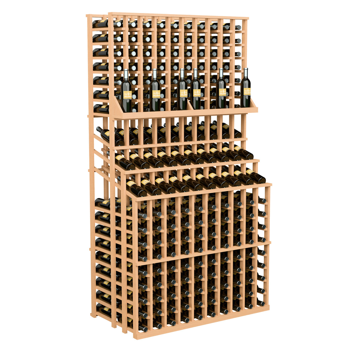 Triple-tier wine bottle display rack in warm wood tones, double deep base for 3 tiers