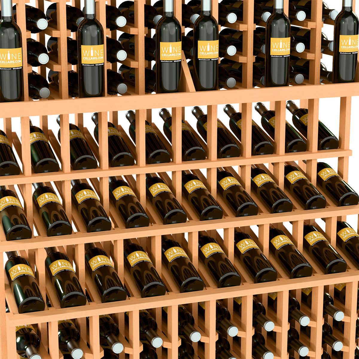 Light wood triple-tier wine bottle display rack with double-deep base, filled with bottles