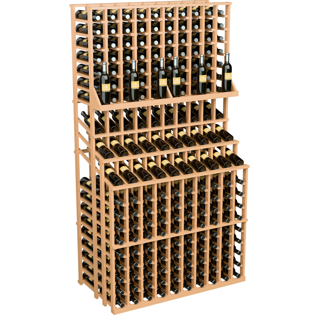 Triple-tier wine bottle rack with double-deep base, natural light wood frame and bottles