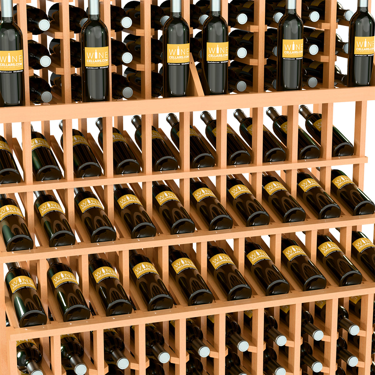 Wood triple-tier wine bottle rack with angled slots and three rows of bottles