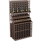Triple-tier wine bottle display with two deep bases, espresso-brown wood rack