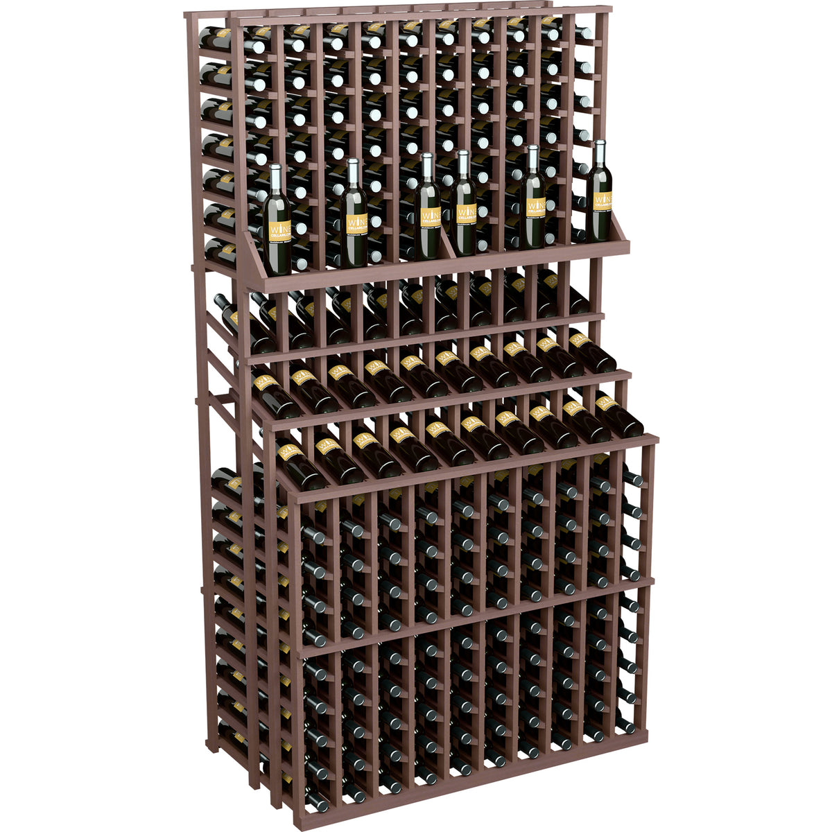 Triple-tier wine bottle display with two deep bases, espresso-brown wood rack