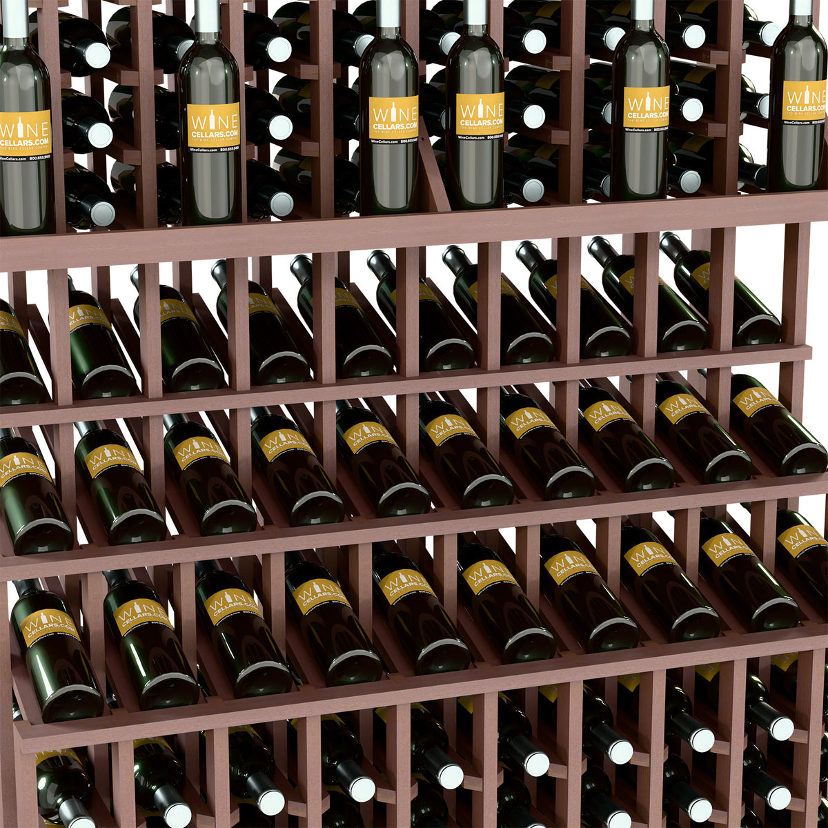 Triple-tier wine bottle display rack with double-deep base; dark wood frame with bottle slots