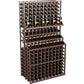 Dark wood triple-tier wine bottle display with front-facing bottle rows
