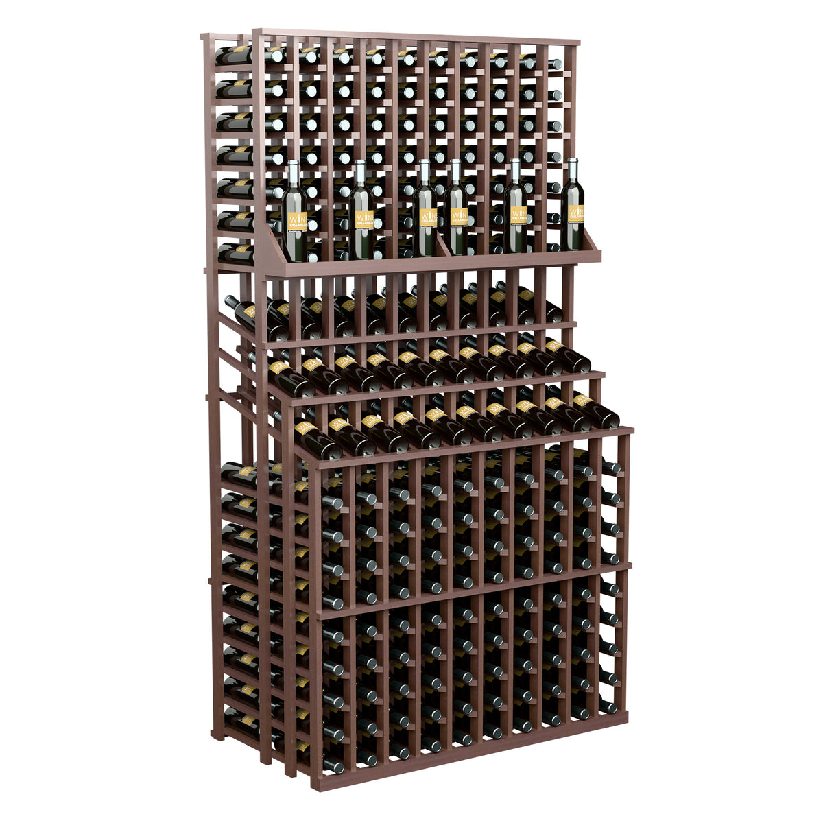 Brown triple-tier wine bottle rack with crisscross dividers and front bottle storage