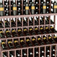 Natural wood wine bottle rack showing three levels of bottles in angled holders