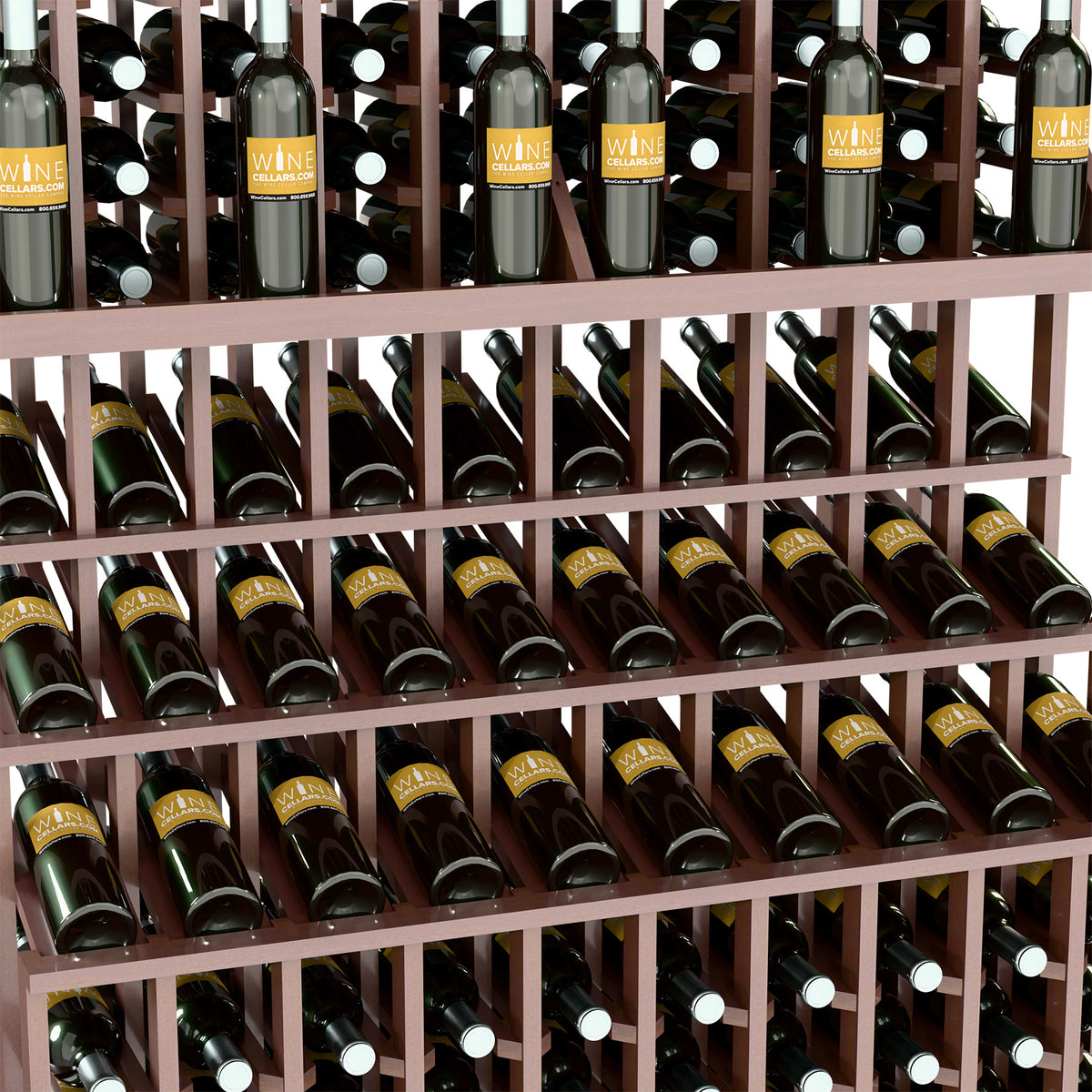 Natural wood wine bottle rack showing three levels of bottles in angled holders