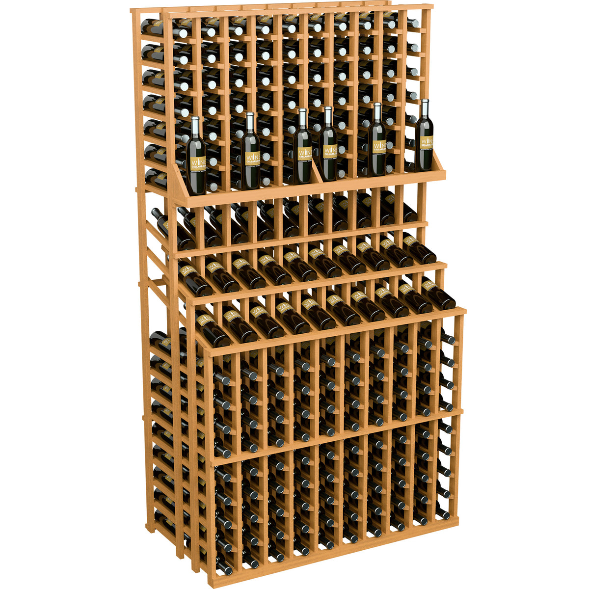 Triple-tier wine bottle display rack in light wood, double deep base holding bottles upright