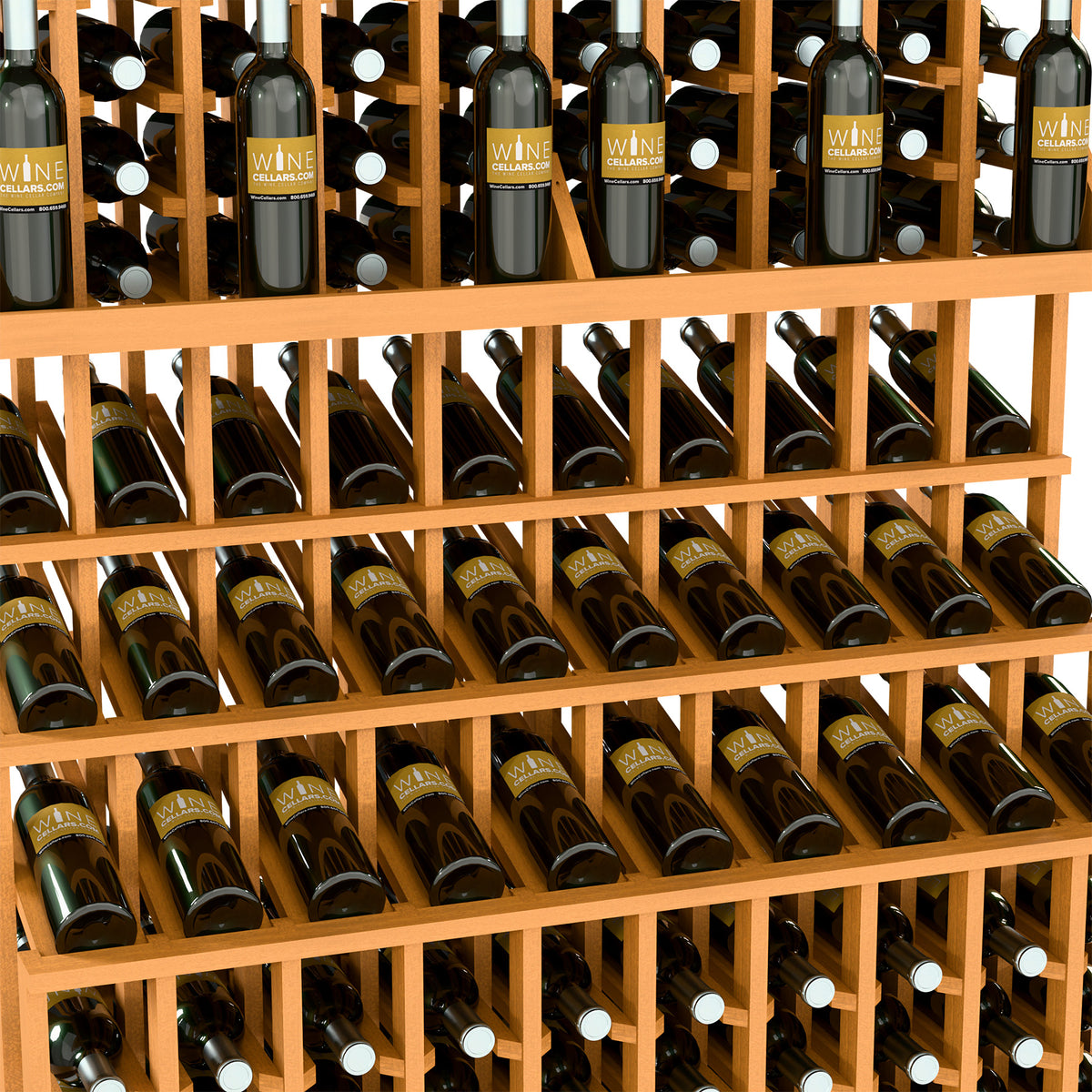 Light wood triple-tier wine bottle display rack with double-deep base, holding dark bottles