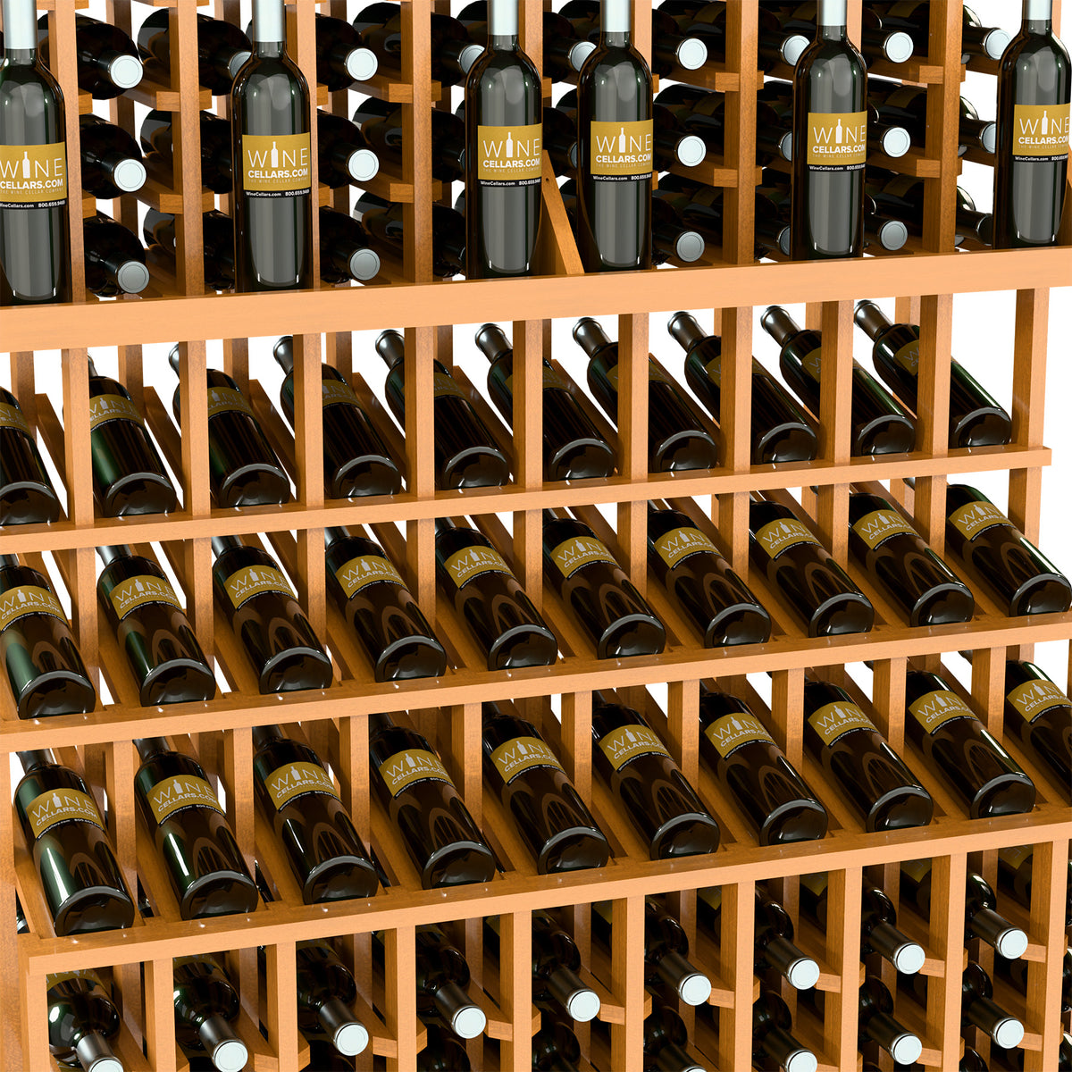 Natural wood triple-tier wine bottle rack with bottles stored in horizontal rows