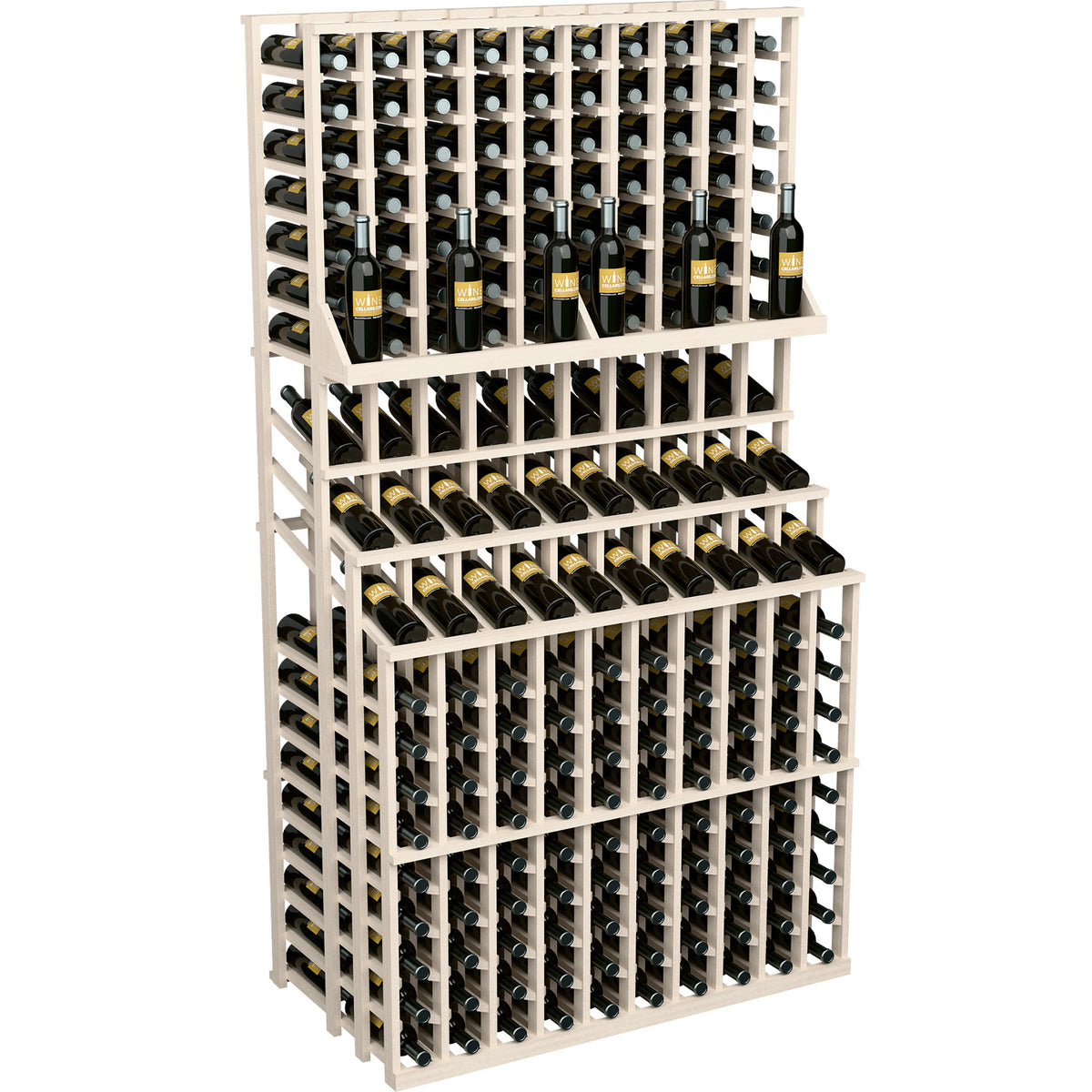 Triple-tier wine bottle display with open crisscross shelves, white painted wood frame