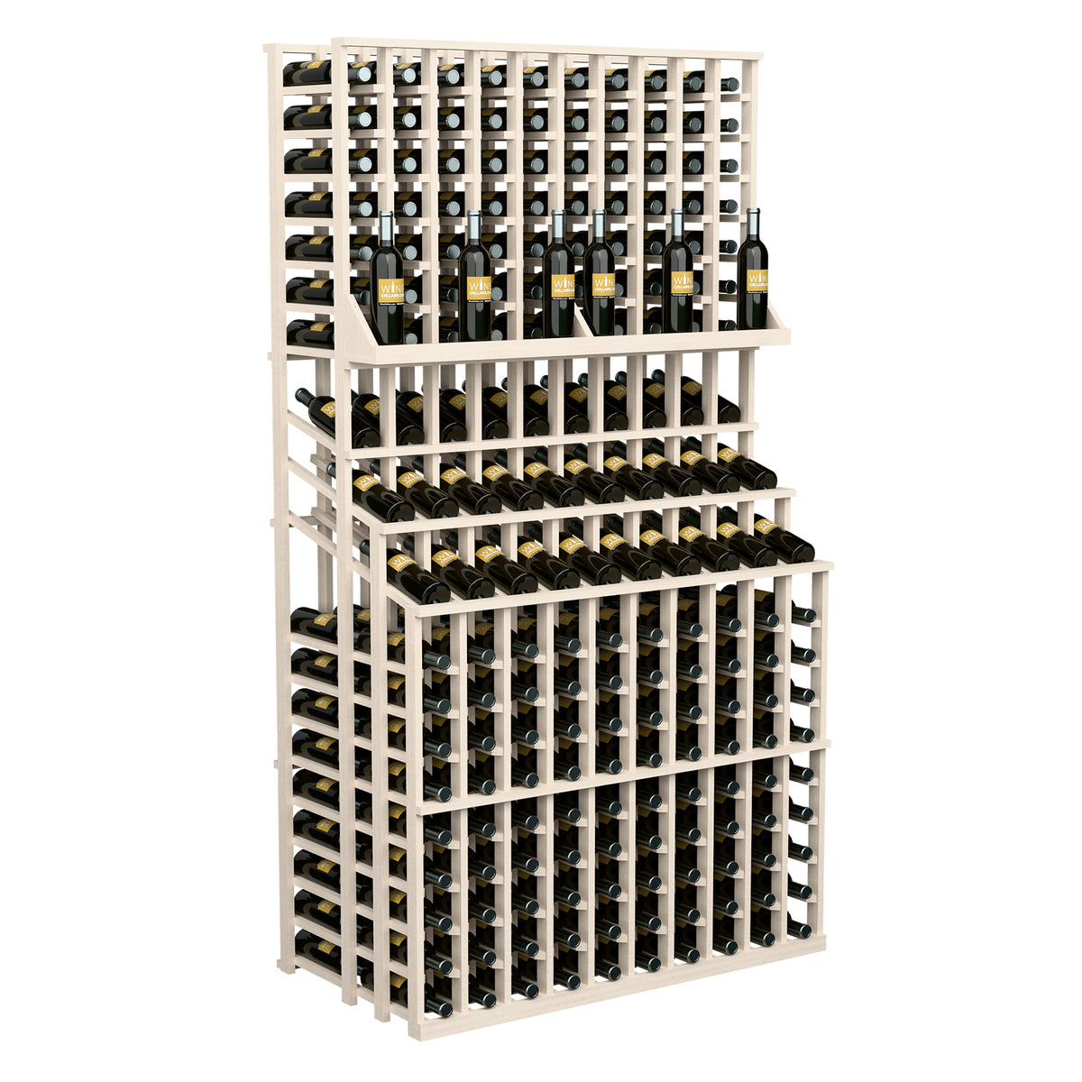 Triple-tier wine bottle display with two deep bases, off-white stained wood rack