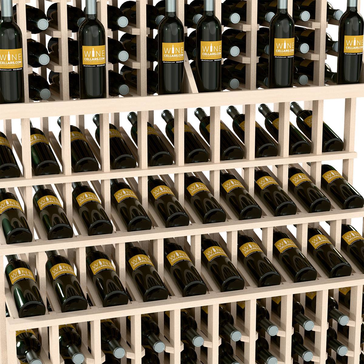 Triple-tier wine bottle display with light wood slats holding dark wine bottles