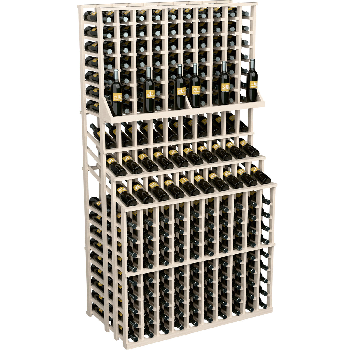 Whitewashed wood triple-tier wine bottle display with front bottle openings
