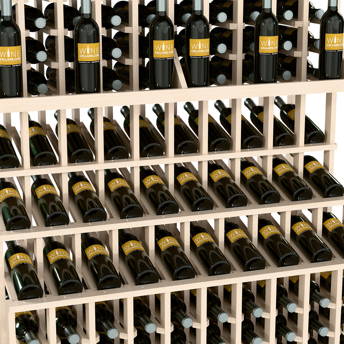 Cream-toned wood triple-tier wine bottle rack with three rows of bottles