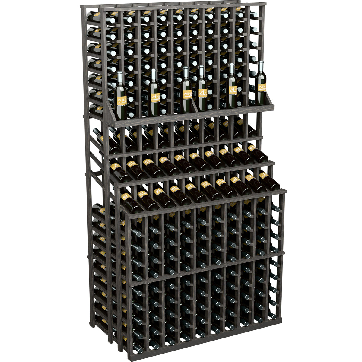 Gray triple-tier wine display rack with double-deep base and bottle grid holders