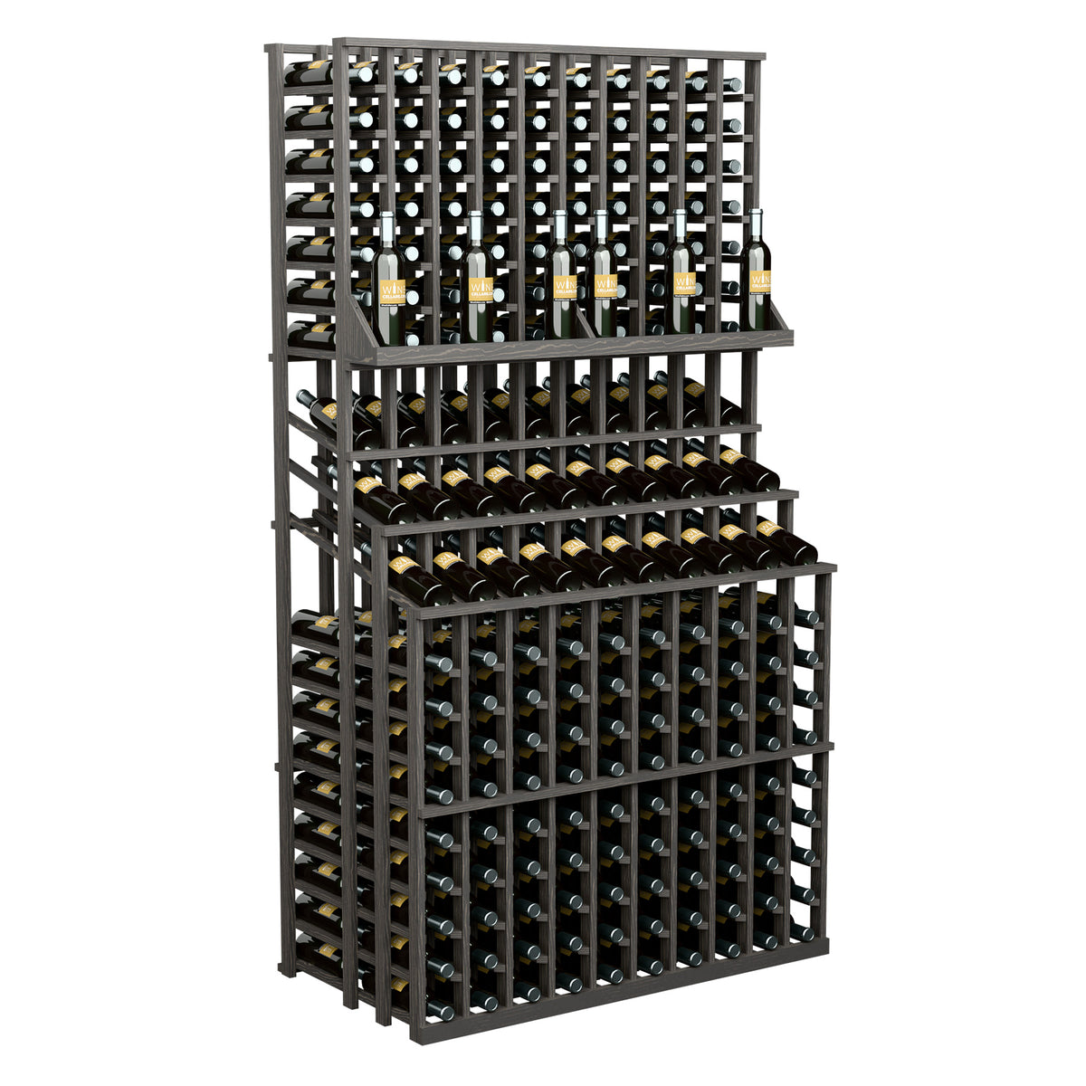 Triple-tier wine bottle rack with double deep base, black frame, front bottle grid and side rungs