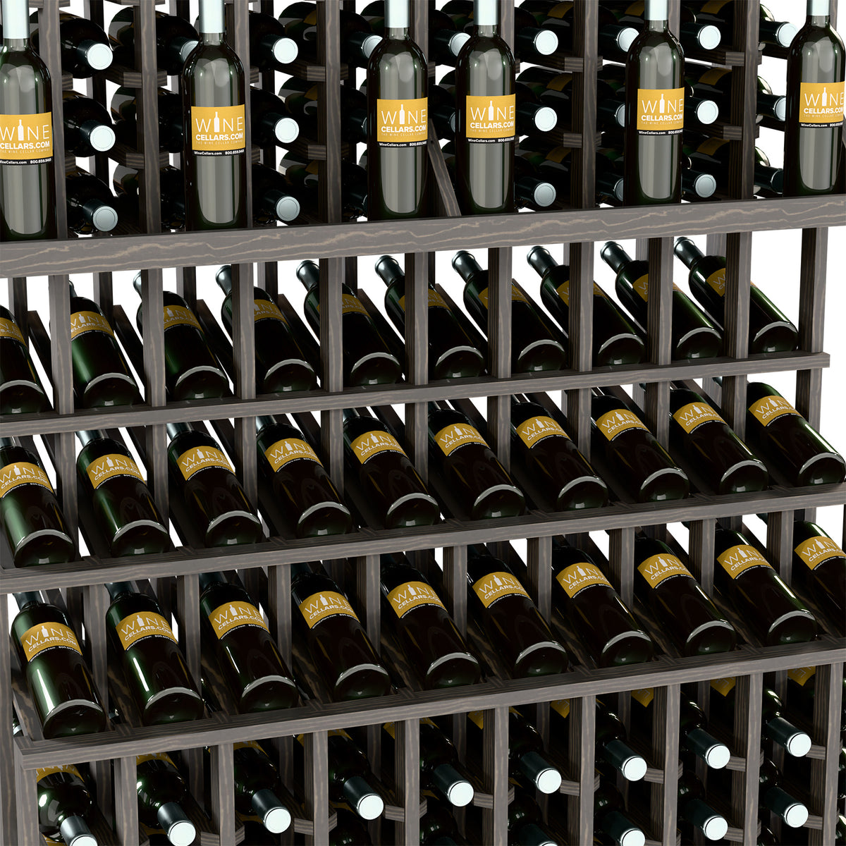 Close-up of triple-tier wine bottle display with dark gray slatted shelves and bottles