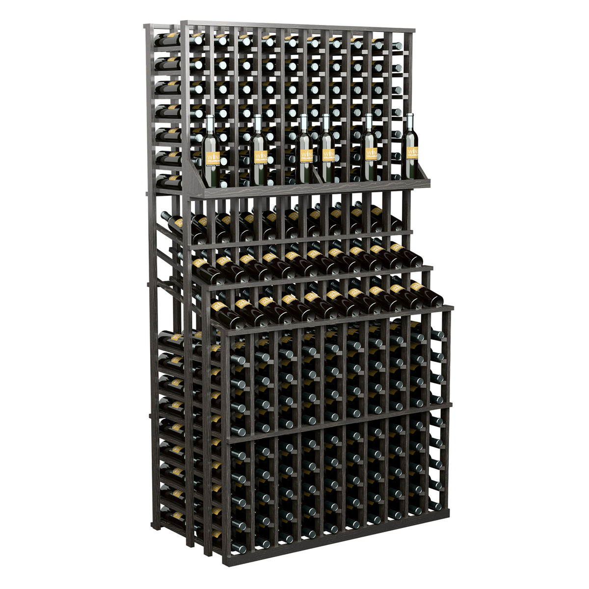 Triple-tier wine bottle display rack with black frame, open side bays, and bottle rows