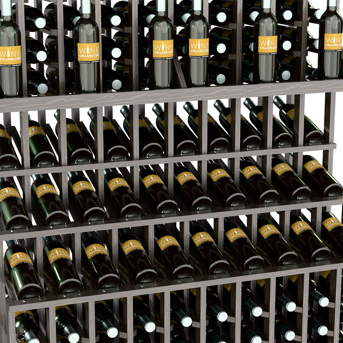 Triple-tier wine bottle display rack close-up with dark bottles in wire bottle holders
