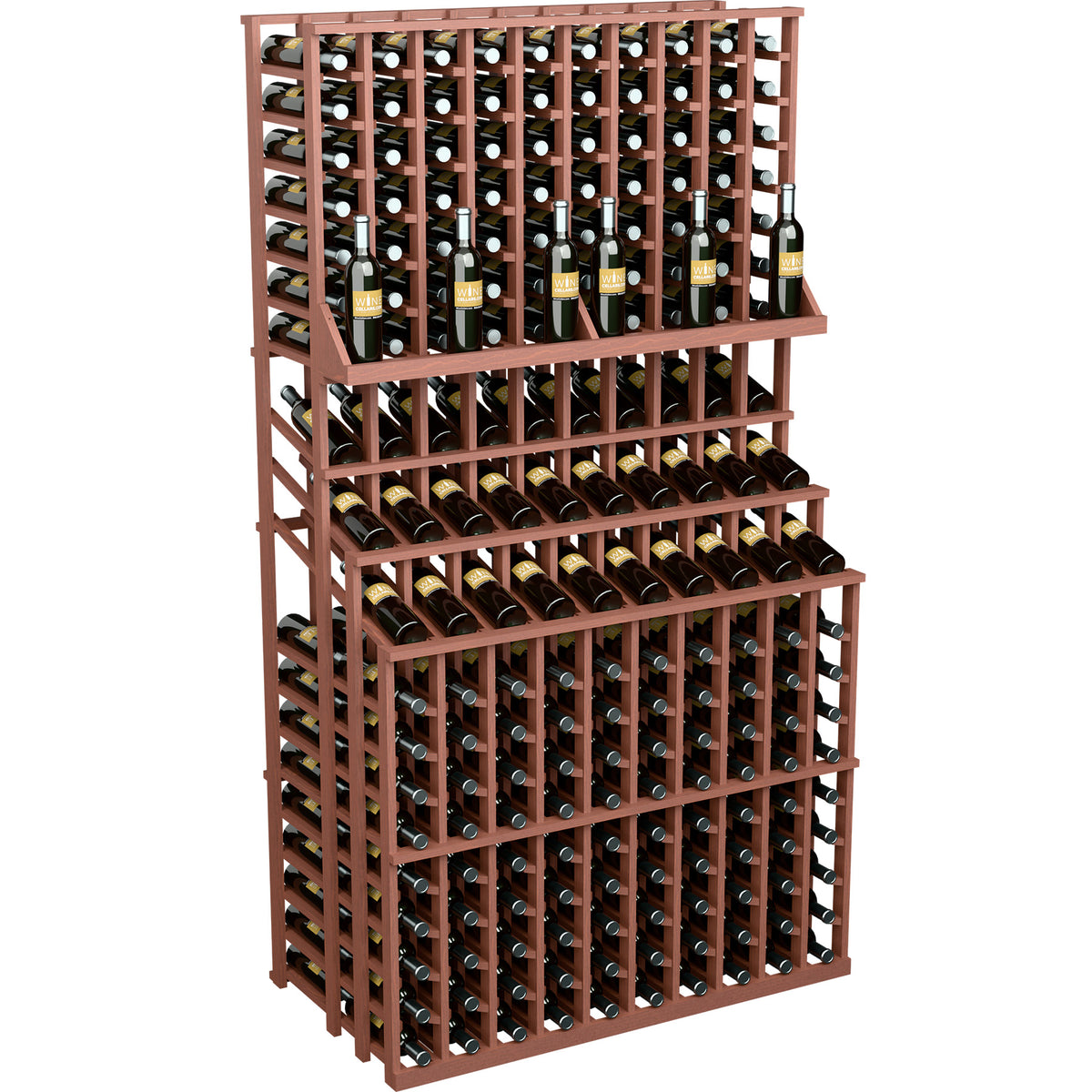 Brown triple-tier wine display rack with double-deep base and bottle grid holders