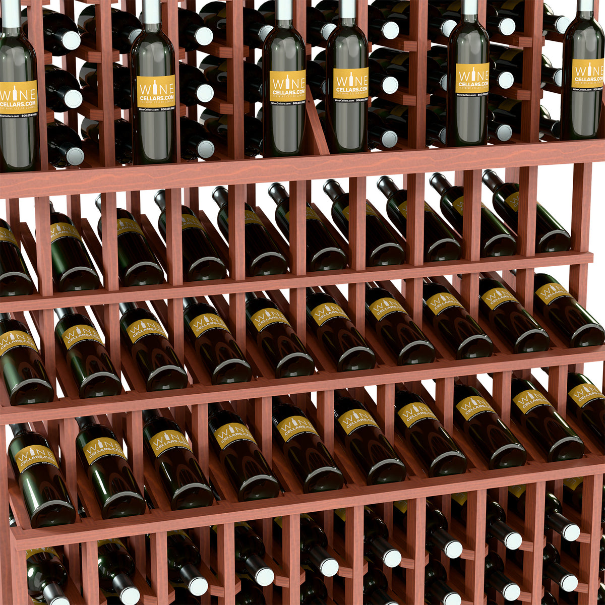 Triple-tier wine bottle display with red-brown lattice shelves holding green bottles