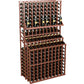 Triple-tier wine bottle display rack with reddish-brown frame and stacked bottle rows