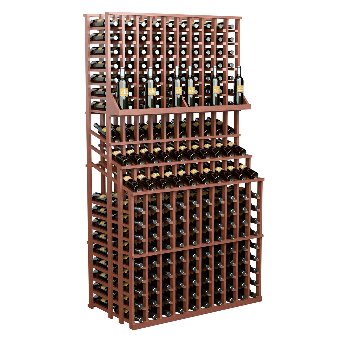 Triple-tier wine bottle display rack with warm brown frame, front shelves, and bottle storage