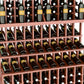 Triple-tier wine bottle display rack close-up with burgundy wood frame and bottle rows
