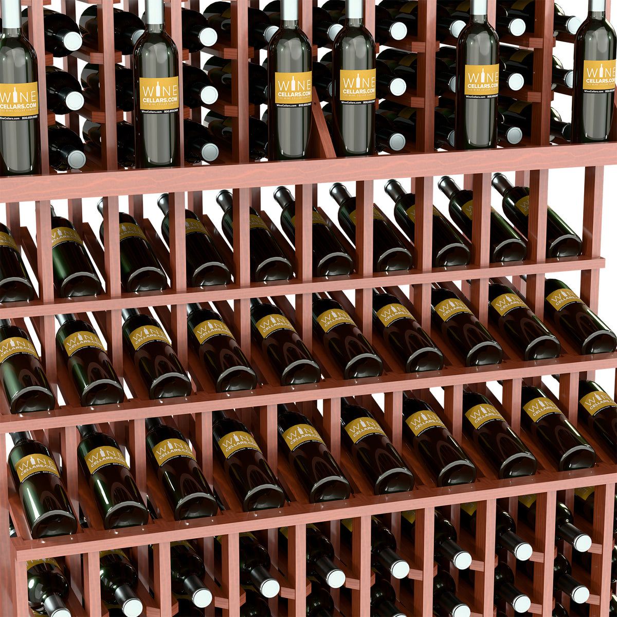 Triple-tier wine bottle display rack close-up with burgundy wood frame and bottle rows