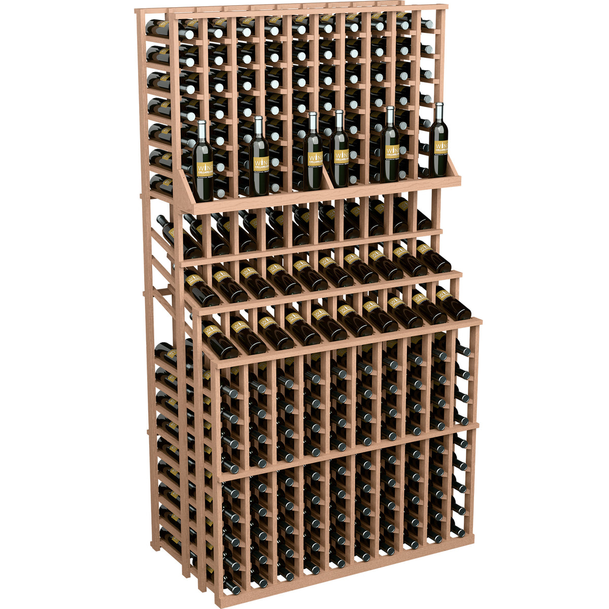 Triple-tier wine bottle display rack with double-deep base, light wood frame and bottles