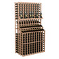 Triple-tier wine bottle display with two deep bases, light natural wood rack